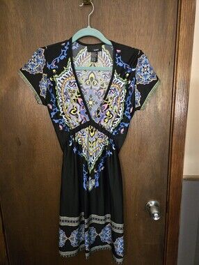 Y2K Black Paisley-Print V-Neck Dress Large By Hypnotik